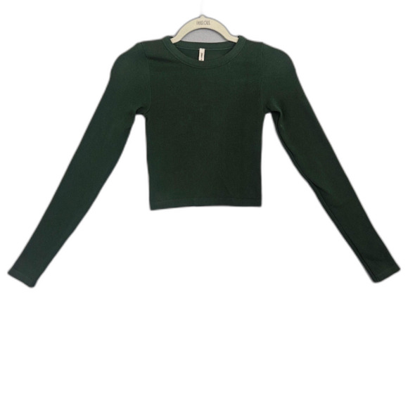 Aritzia Sunday Best Green Bliss Cropped Longsleeve Ribbed Top Sz S Forrest Green - Picture 3 of 7